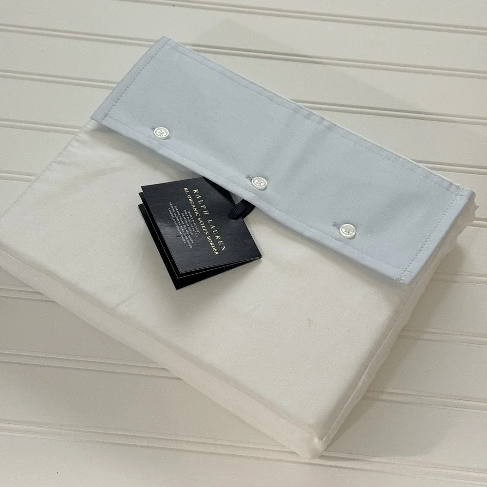 Ralph Lauren RL 624 TC Organic Sateen Border Queen Flat Sheet Blue NWT $185